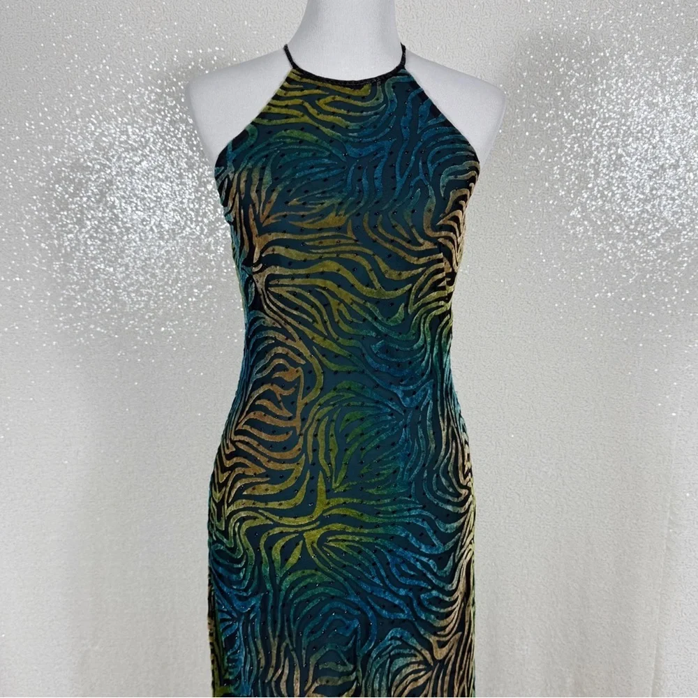 Icon by Kathryn Dianos Green Blue Burnout Velvet Abstract swirl Maxi Dress Party - Picture 14 of 17